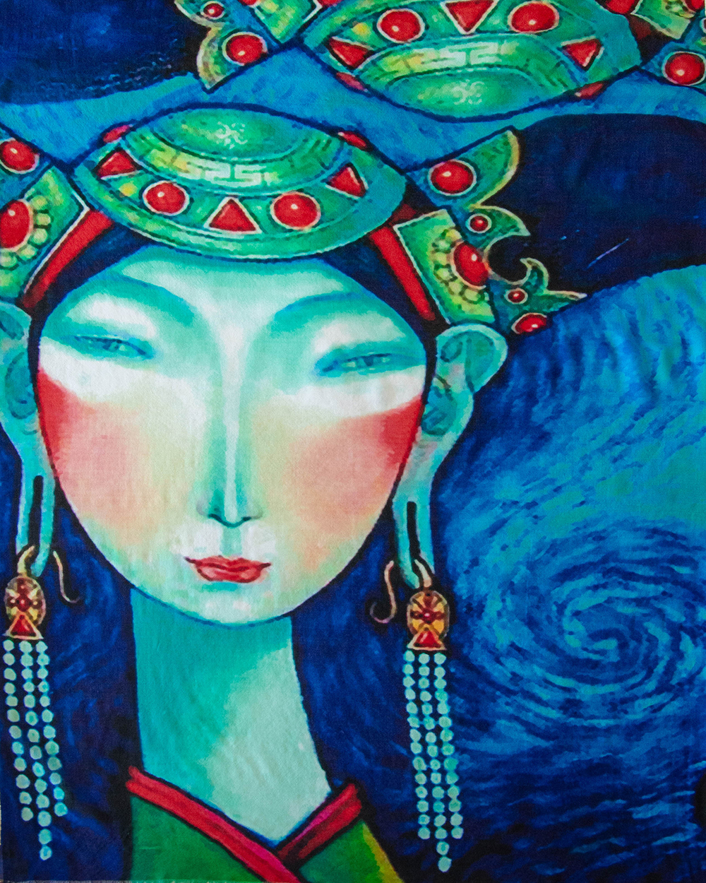 Printet cashmere shawl in turquoise/blue colors